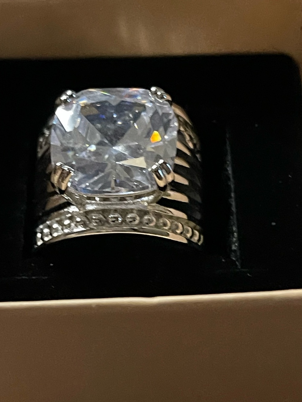 Beautiful Silver Plated Wide Band Ring with Large Clear Cubic Zirconia
